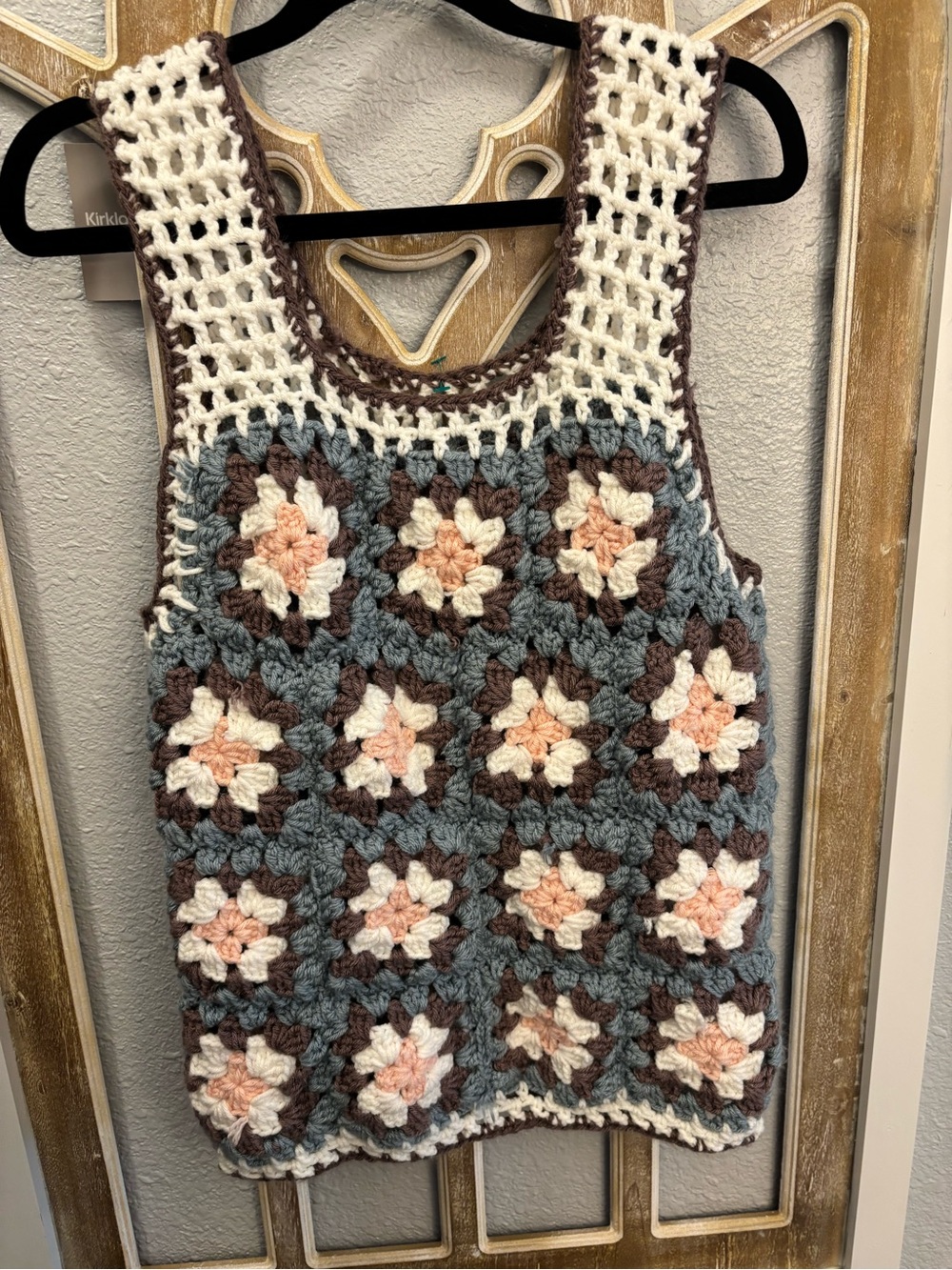 Crocheted Granny Square Tank Top — Cream, Peach & Gray-Blue